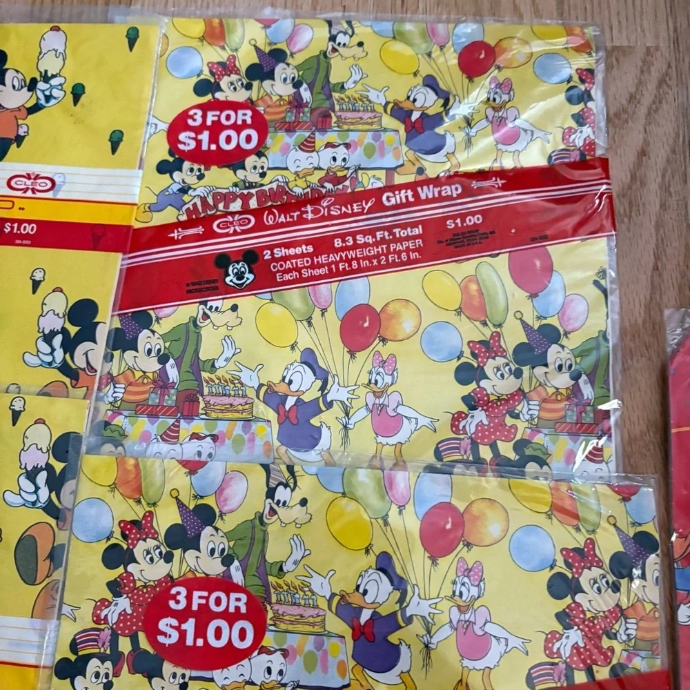 Vintage Disney Mickey Mouse Wrapping Paper Birthday Bundle NEW 90s Cleo Wrap